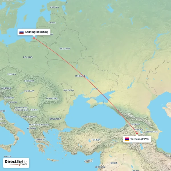 Yerevan - Kaliningrad direct flight map