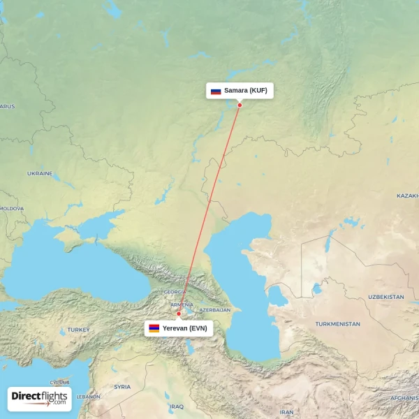 Yerevan - Samara direct flight map