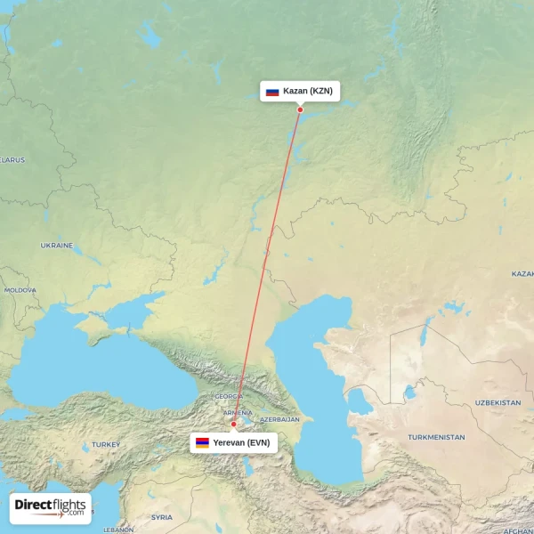 Yerevan - Kazan direct flight map