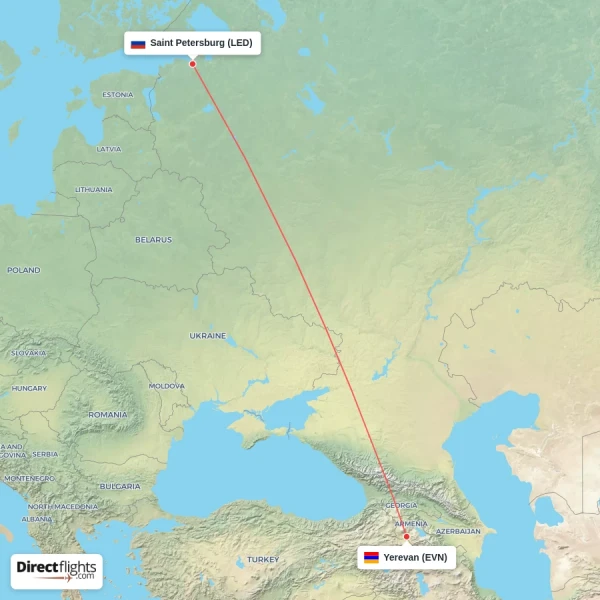 Yerevan - Saint Petersburg direct flight map