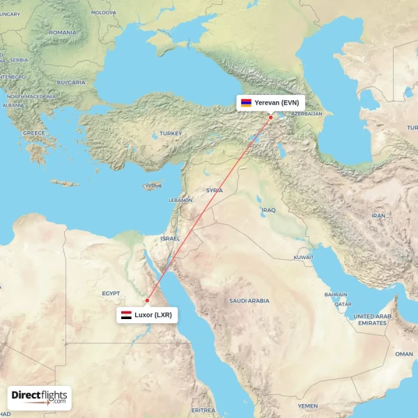 Yerevan - Luxor direct flight map