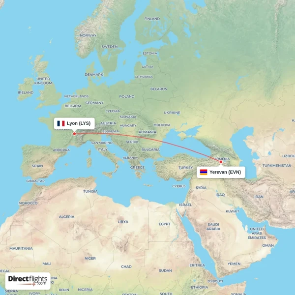 Yerevan - Lyon direct flight map