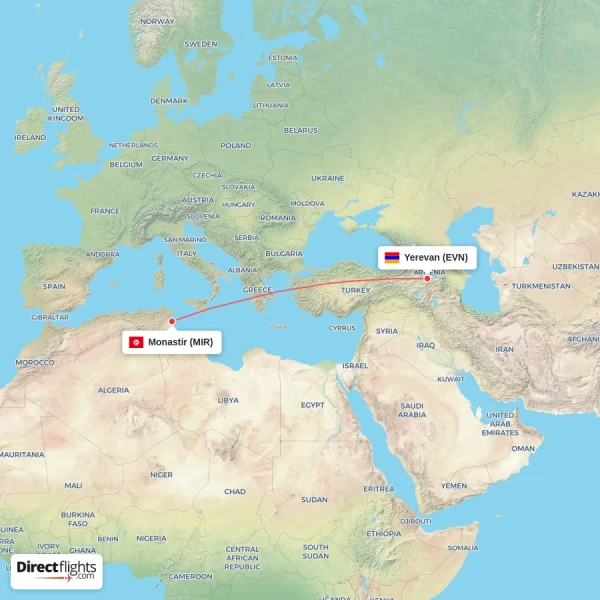 Yerevan - Monastir direct flight map