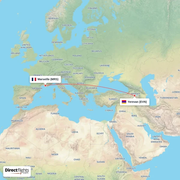Yerevan - Marseille direct flight map
