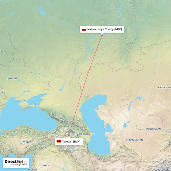 Yerevan - Naberezhnye Chelny direct flight map