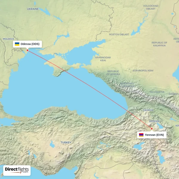 Yerevan - Odessa direct flight map