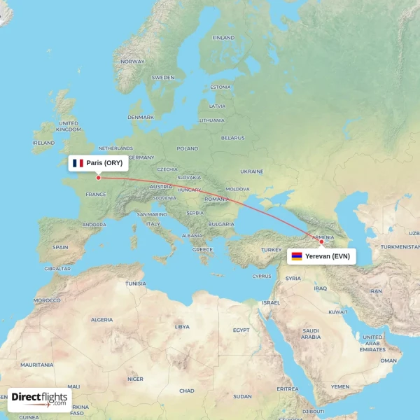 Yerevan - Paris direct flight map