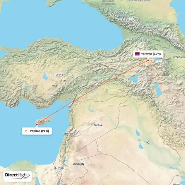 Yerevan - Paphos direct flight map