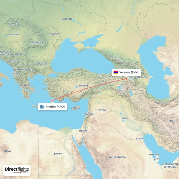 Yerevan - Rhodes direct flight map