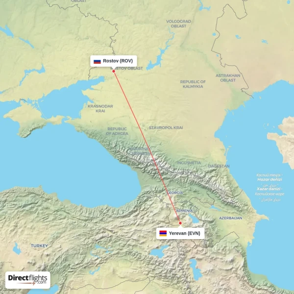 Yerevan - Rostov direct flight map
