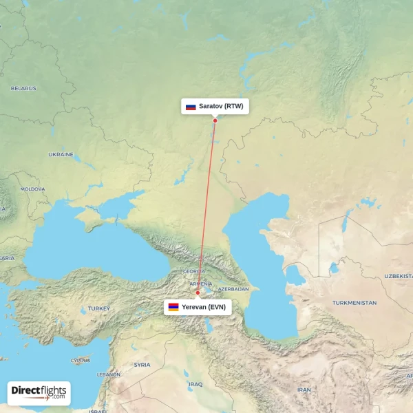 Yerevan - Saratov direct flight map