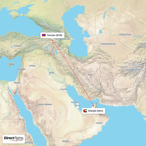 Yerevan - Sharjah direct flight map