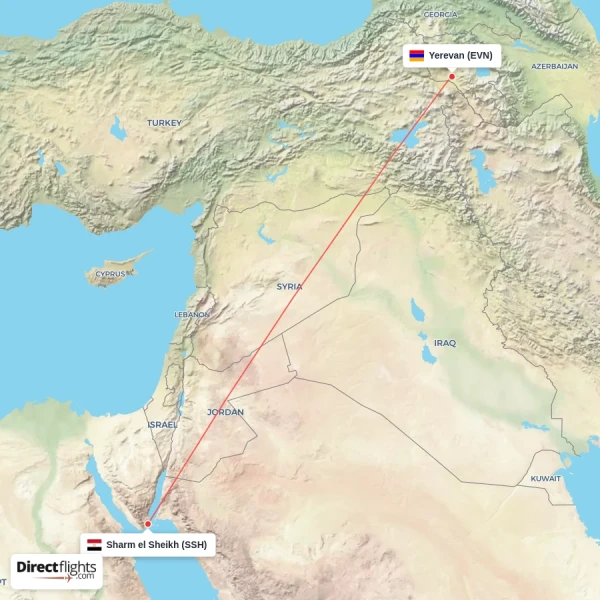 Yerevan - Sharm el Sheikh direct flight map
