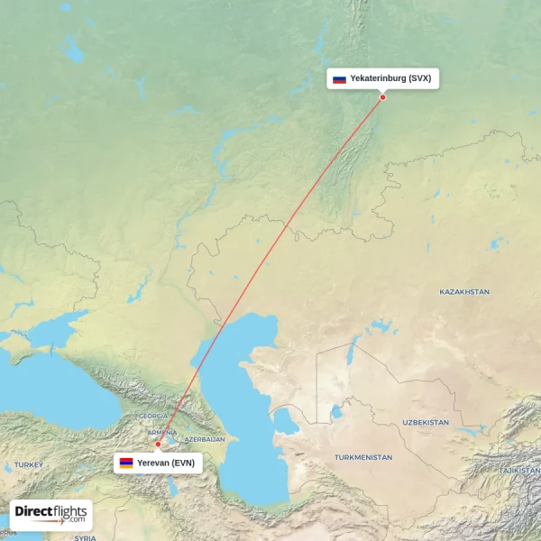 Yerevan - Yekaterinburg direct flight map