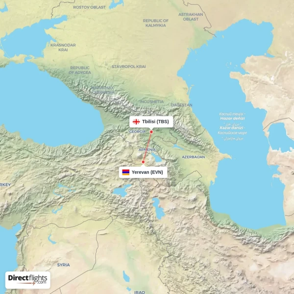 Yerevan - Tbilisi direct flight map