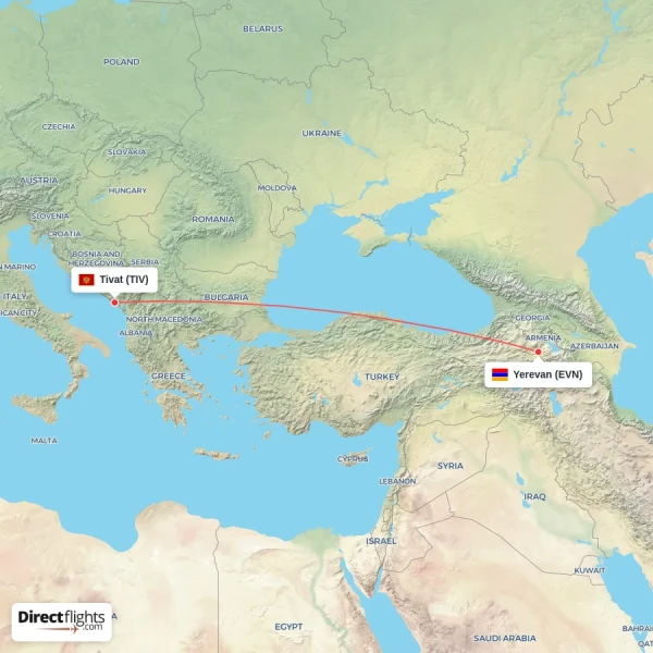 Yerevan - Tivat direct flight map