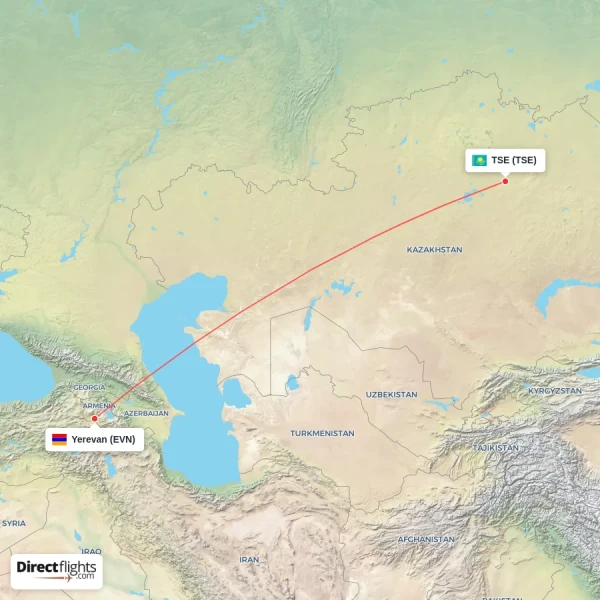 Yerevan - TSE direct flight map