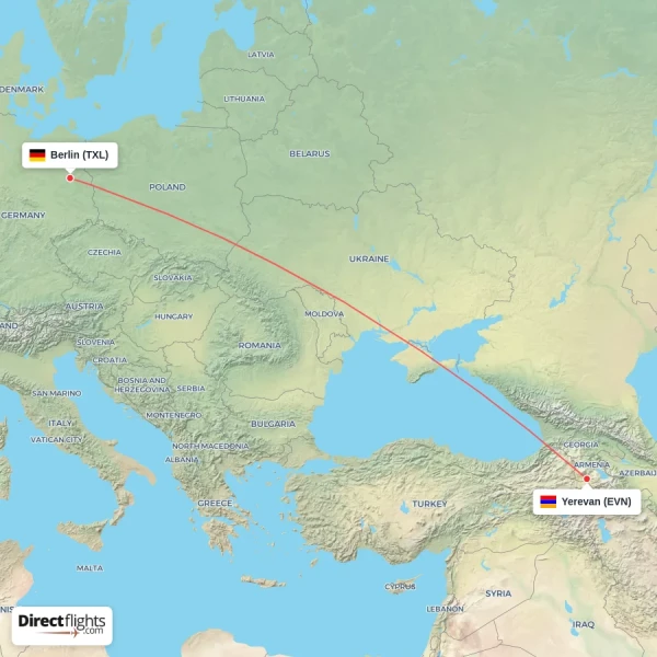 Yerevan - Berlin direct flight map