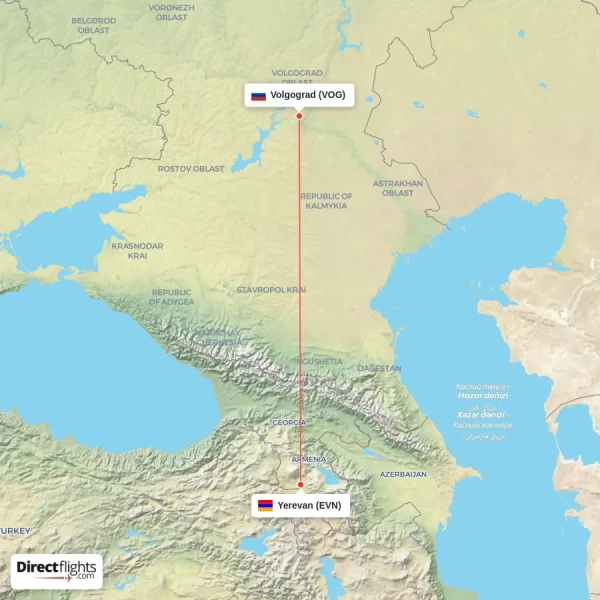 Yerevan - Volgograd direct flight map