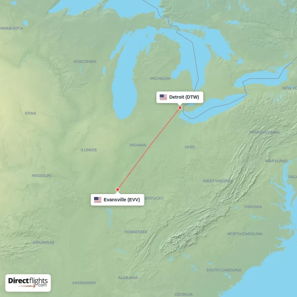 Evansville - Detroit direct flight map