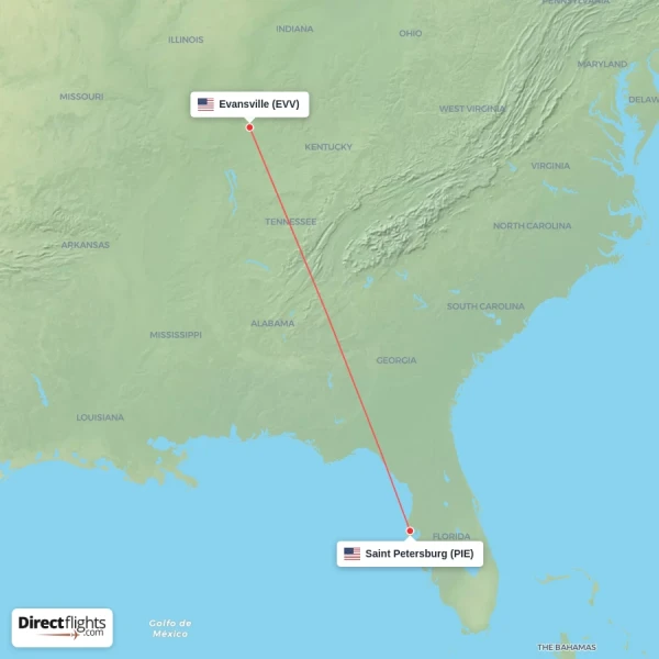 Evansville - Saint Petersburg direct flight map