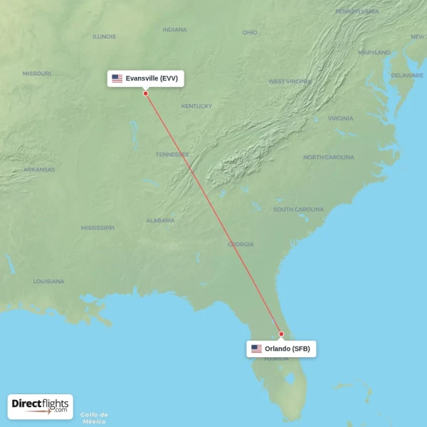 Evansville - Orlando direct flight map
