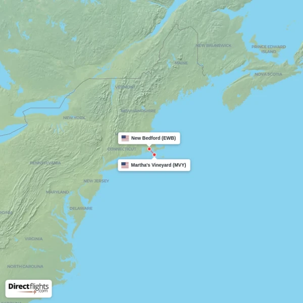 New Bedford - Martha's Vineyard direct flight map