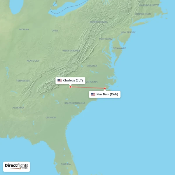 New Bern - Charlotte direct flight map