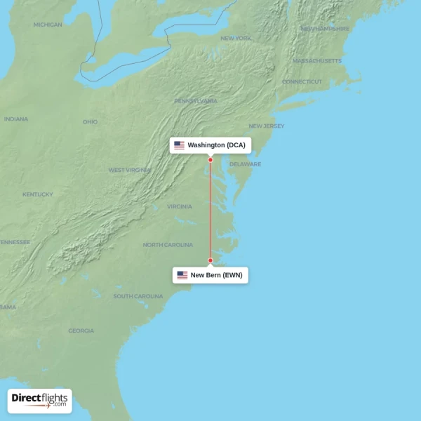 New Bern - Washington direct flight map
