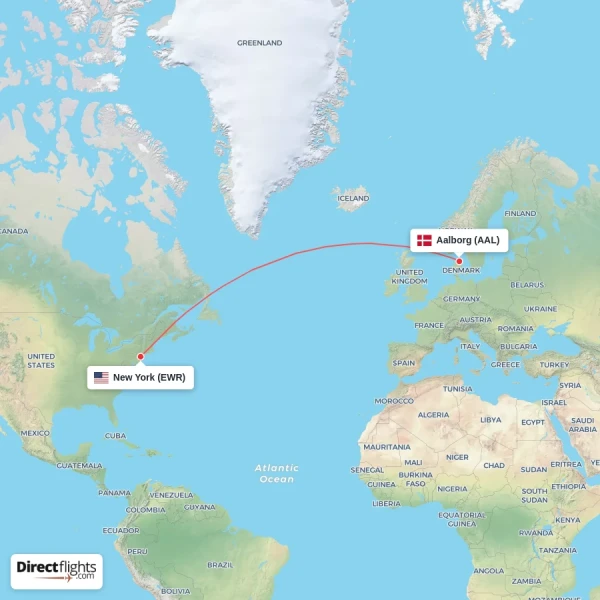 New York - Aalborg direct flight map