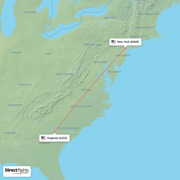 New York - Augusta direct flight map
