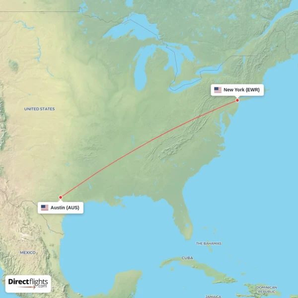 New York - Austin direct flight map