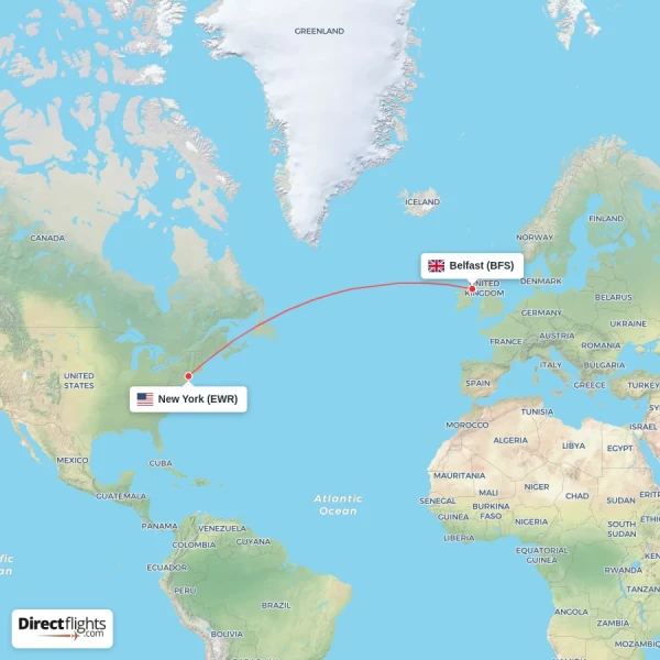 New York - Belfast direct flight map