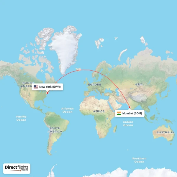 New York - Mumbai direct flight map