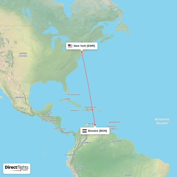 New York - Bonaire direct flight map