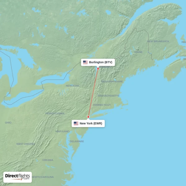 New York - Burlington direct flight map