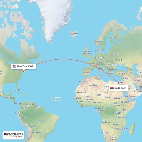 New York - Cairo direct flight map