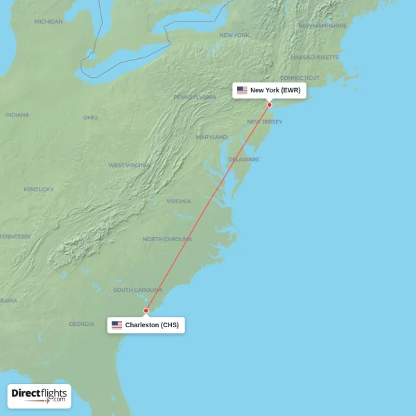 New York - Charleston direct flight map