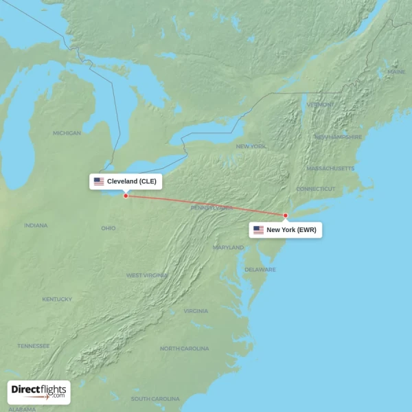 New York - Cleveland direct flight map