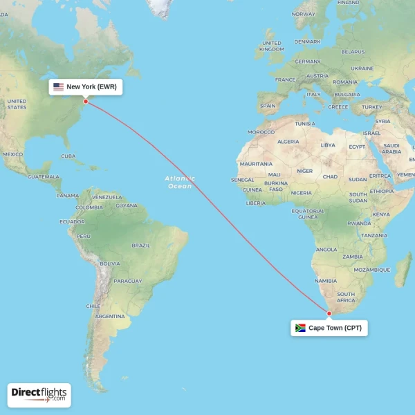 New York - Cape Town direct flight map
