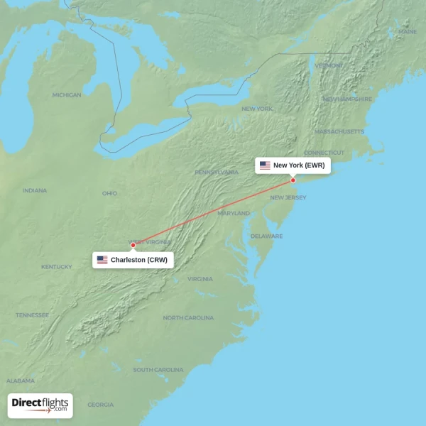 New York - Charleston direct flight map