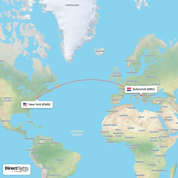 New York - Dubrovnik direct flight map