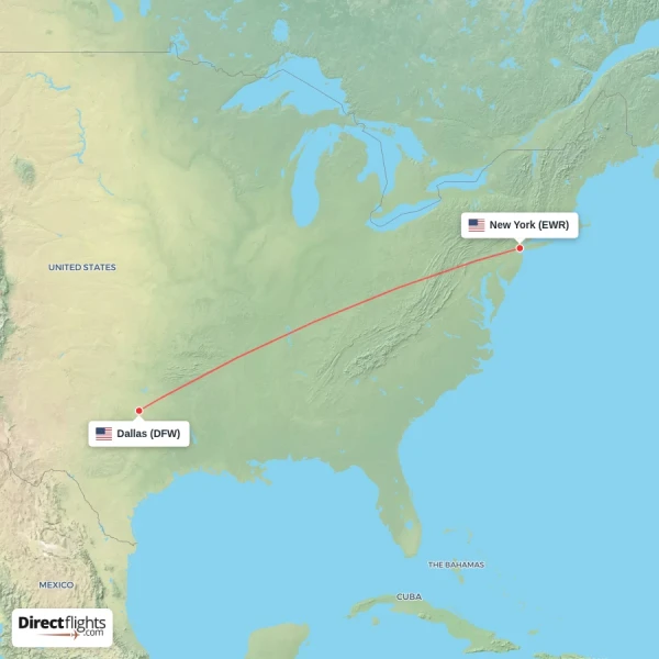 New York - Dallas direct flight map