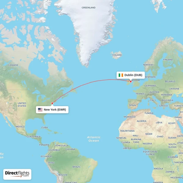 New York - Dublin direct flight map