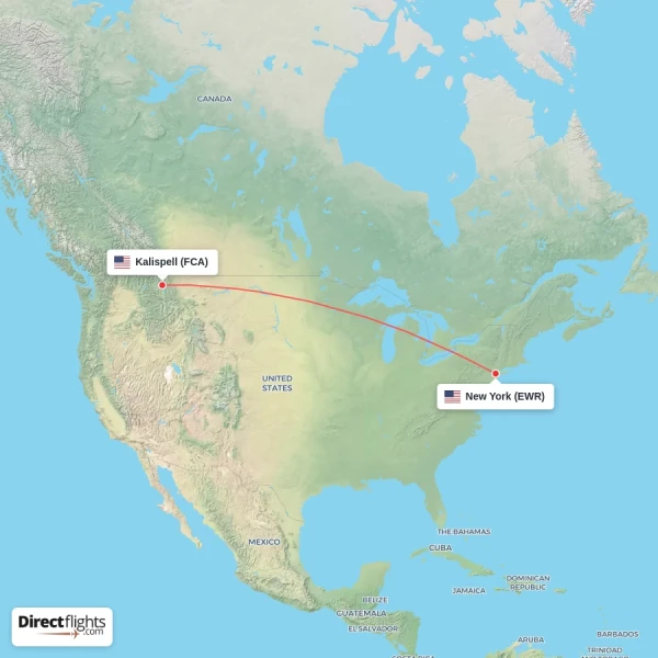 New York - Kalispell direct flight map