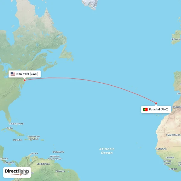 New York - Funchal direct flight map