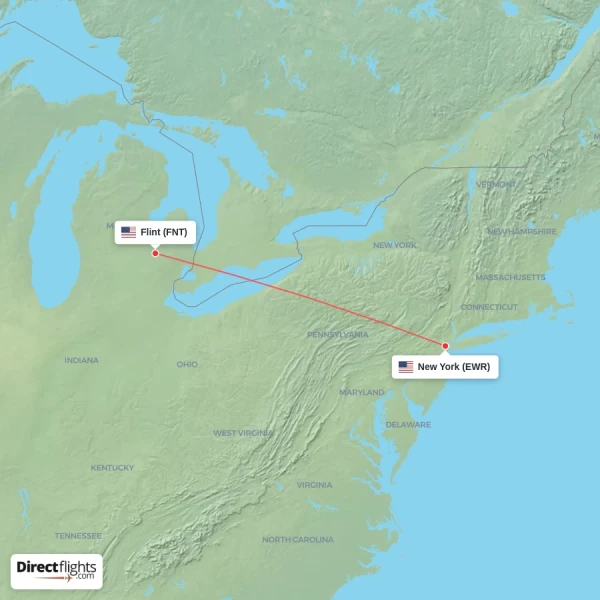 New York - Flint direct flight map