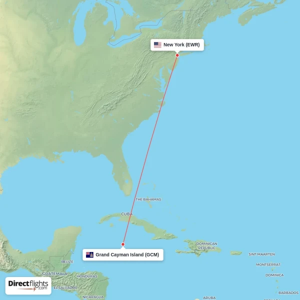 New York - Grand Cayman Island direct flight map