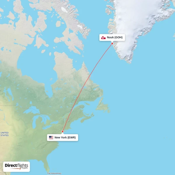 New York - Nuuk direct flight map