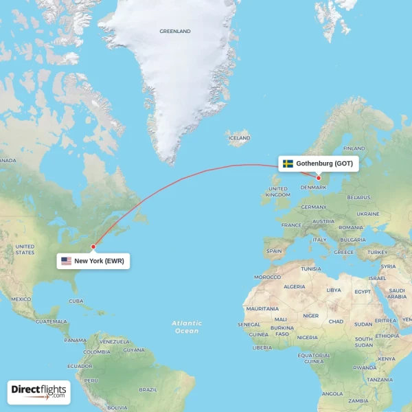 New York - Gothenburg direct flight map